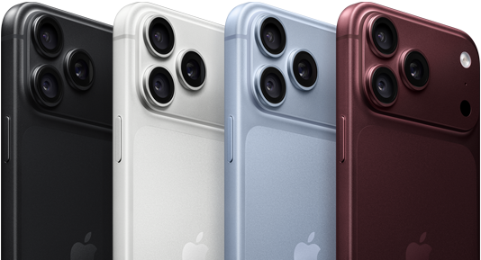 อุปกรณ์ iPhone 18 Pro ที่เรียงเป็นแถว, ภายนอกด้านหลัง, ทั้งสี่สี ได้แก่ สีเบอร์กันดี, สีธารน้ำแข็ง, สีเงิน, สีดำ, ระบบกล้อง Pro Fusion ที่มุมบนซ้าย, เลนส์ 3 ตัว, ไมโครโฟน, แฟลช