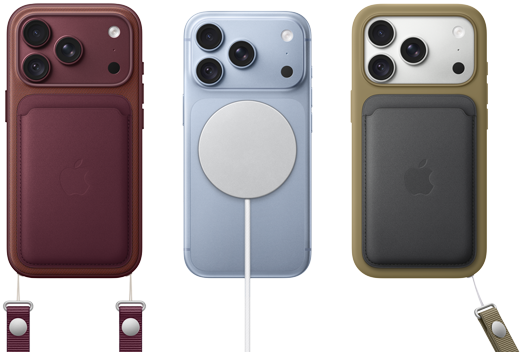 iPhone 18 Pro, ภายนอกด้านหลัง, สีเบอร์กันดี, เคสผ้า FineWoven แบบกระเป๋าสตางค์พร้อม MagSafe สีเบอร์กันดี; iPhone 18 Pro, ภายนอกด้านหลัง, สีธารน้ำแข็ง, พร้อมแบตเตอรี่ MagSafe; iPhone 18 Pro, ภายนอกด้านหลัง, สีเงิน, ใส่อยู่กับเคสซิลิโคนสีเขียวและที่ชาร์จ MagSafe