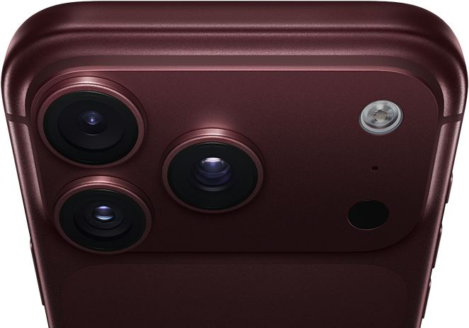 iPhone 18 Pro Max, สีเบอร์กันดี (แดงเข้ม), ภายนอกด้านหลัง, ระบบกล้อง Pro Fusion ที่ด้านบน, เลนส์ 3 ตัว, ใบเบลดรูรับแสงที่ปรับได้ปิดอยู่บางส่วน, แฟลช, ไมโครโฟน และสแกนเนอร์ LiDAR, ภายนอกด้านบน, สายอากาศระบบเซลลูลาร์, ด้านข้างแบนเรียบ, ขอบมน