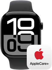 An AppleCare+ logo next to an Apple Watch Series 10