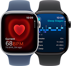 The Heart Rate app showing a current reading of 68 BPM and the sleep apnea notification screen on two separate Apple Watch Series 10 devices