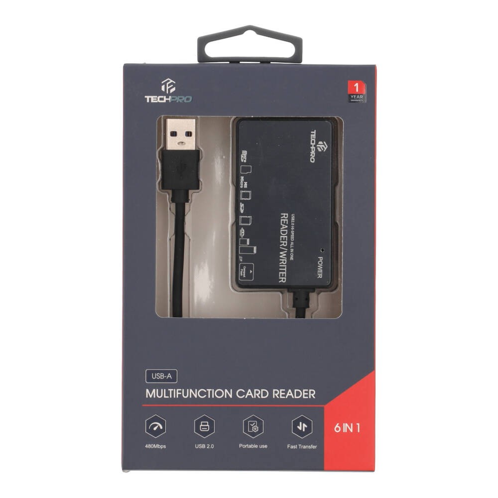 TECHPRO Mul-Function 6 in 1 USB-A Card Reader - Black