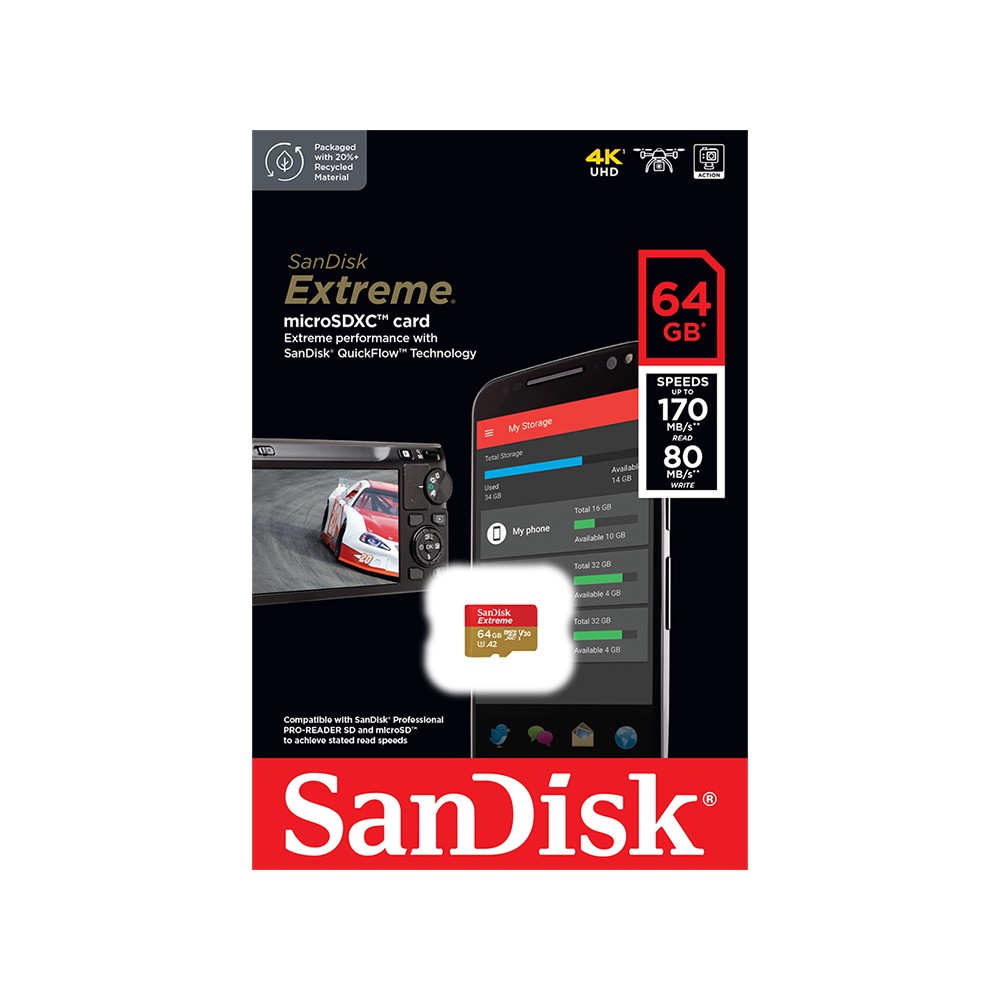 [ของแท้] เมมโมรี่การ์ด SanDisk Extreme microSDXC 64GB V30 U3 C10 A2 170MB/s R 80MB/s W Red-Gold (SDSQXAH-064G-GN6MN)