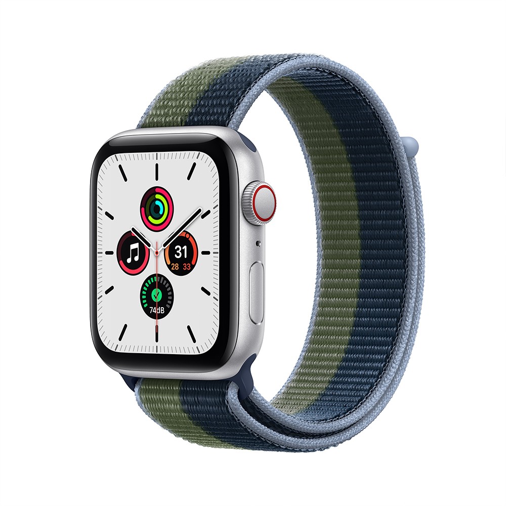 Apple Watch SE GPS + Cellular 44mm Silver Aluminium Case with Abyss Blue/Moss Green Sport Loop - (2022)