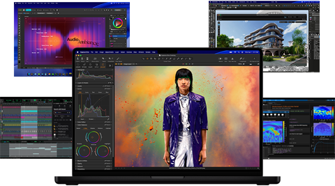 คอนเทนต์หลากหลายสีสันบนหน้าจอจากแอปสำหรับการผลิตงานเพลง การตัดต่อวิดีโอ แอนิเมชั่น 3D และการปรับแต่งภาพถ่ายบน Mac ซึ่งแสดงให้เห็นถึงประสิทธิภาพด้านกราฟิกที่ทรงพลัง