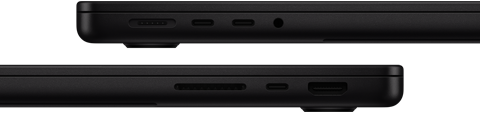 แสดงพอร์ตต่างๆ บน MacBook Pro ซึ่งด้านซ้ายมี MagSafe 3, Thunderbolt จำนวน 2 พอร์ต และช่องต่อหูฟัง ส่วนด้านขวามีช่องเสียบการ์ด SDXC, Thunderbolt จำนวน 1 พอร์ต และ HDMI