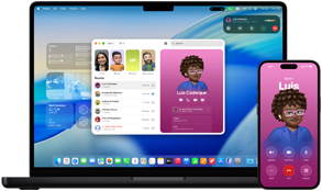 MacBook Pro รุ่น 14 นิ้ว และ iPhone 16 โดย iPhone กำลังโทรหาผู้ติดต่อที่ชื่อ Luis ในขณะที่ MacBook Pro แสดงการโทรเดียวกันในแอปโทรศัพท์