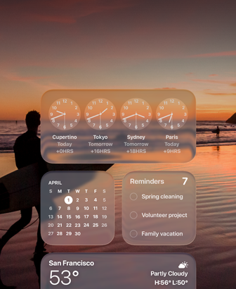 วิดเจ็ตนาฬิกา ปฏิทิน เตือนความจำ และสภาพอากาศแบบ Liquid Glass บนหน้าจอ macOS Tahoe ที่อยู่เหนือฉากของนักเล่นเซิร์ฟที่เดินอยู่บนชายหาดยามดวงอาทิตย์ตก
