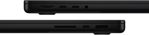 แสดงพอร์ตต่างๆ บน MacBook Pro ซึ่งด้านซ้ายมี MagSafe 3, Thunderbolt จำนวน 2 พอร์ต และช่องต่อหูฟัง ส่วนด้านขวามีช่องเสียบการ์ด SDXC, Thunderbolt จำนวน 1 พอร์ต และ HDMI