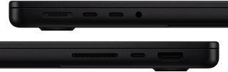 แสดงพอร์ตต่างๆ บน MacBook Pro ซึ่งด้านซ้ายมี MagSafe 3, Thunderbolt จำนวน 2 พอร์ต และช่องต่อหูฟัง ส่วนด้านขวามีช่องเสียบการ์ด SDXC, Thunderbolt จำนวน 1 พอร์ต และ HDMI