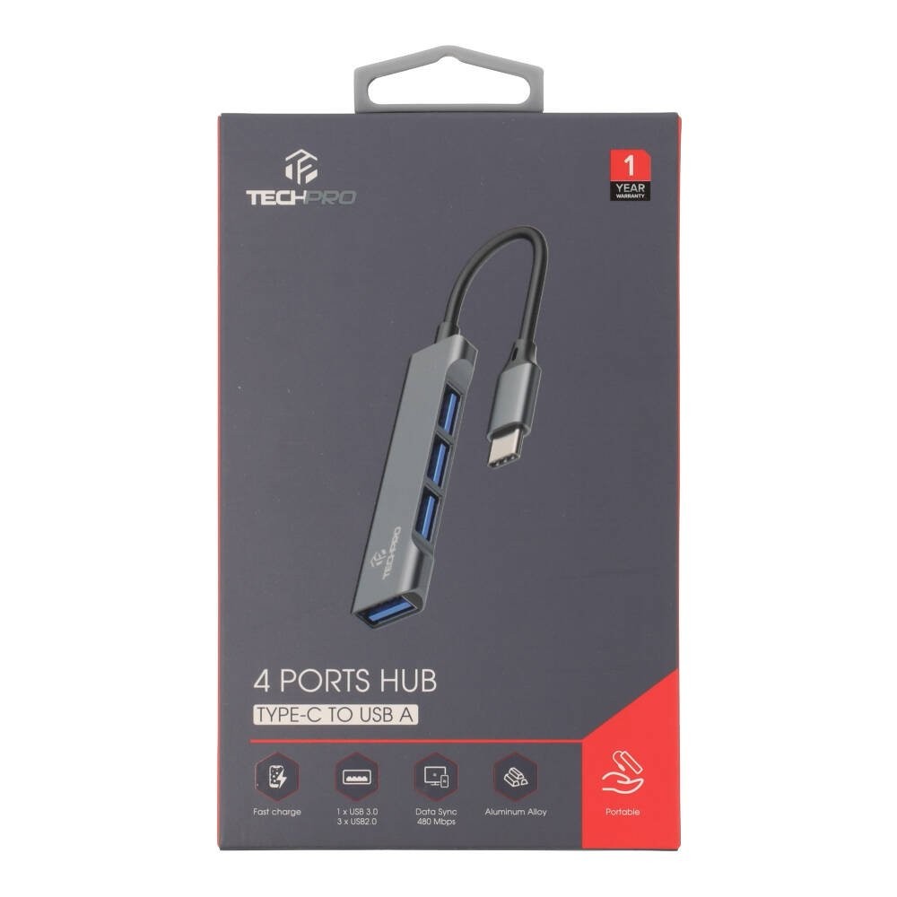 TECHPRO Port Hub Type-C to USB-A 4 ports Hub Gray