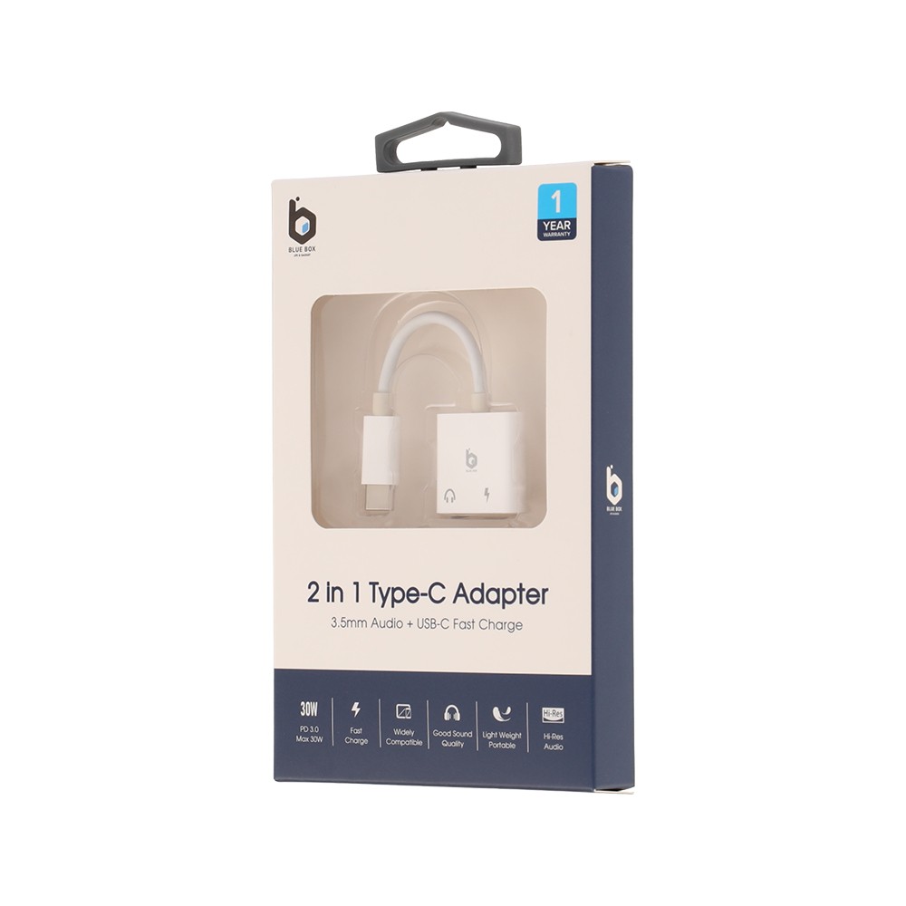 สายแปลงหูฟัง Blue Box USB-C to 3.5mm Audio + USB-C Fast Charge Adapter- White