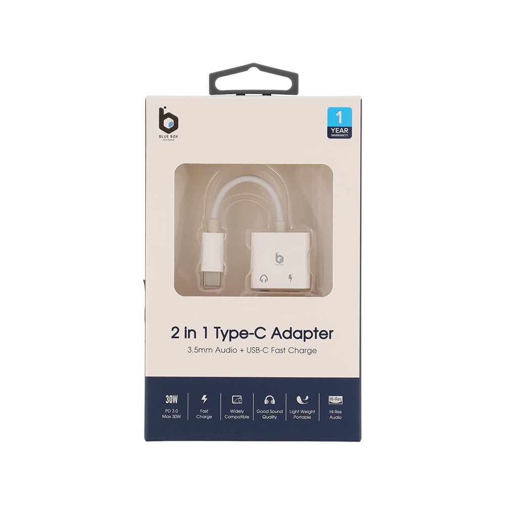 สายแปลงหูฟัง Blue Box USB-C to 3.5mm Audio + USB-C Fast Charge Adapter- White