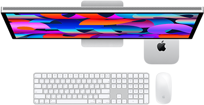 Mac mini วางอยู่ใต้ Studio Display, Magic Keyboard พร้อมปุ่มตัวเลข, Magic Mouse