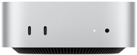 Mac mini, ด้านหน้า, Thunderbolt จำนวน 2 พอร์ต, ไฟแสดงสถานะและช่องต่อหูฟัง, ฐานทรงเรียวสีดำอยู่ด้านล่างสุด, ด้านบนแบนเรียบ, ด้านข้างโค้งมน, ขอบเรียบตรง, สีเงิน