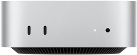 Mac mini, ด้านหน้า, Thunderbolt จำนวน 2 พอร์ต, ไฟแสดงสถานะและช่องต่อหูฟัง, ฐานทรงเรียวสีดำอยู่ด้านล่างสุด, ด้านบนแบนเรียบ, ด้านข้างโค้งมน, ขอบเรียบตรง, สีเงิน
