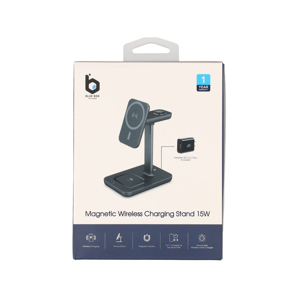 ที่ชาร์จไร้สาย Blue Box 3-in-1 Magnetic Wireless Charger Stand 15W Matte Black