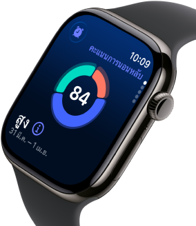 ภาพระยะใกล้ของ Apple Watch Series 11 พร้อมตัวเรือนไทเทเนียมเทาสเลท, แสดงคะแนนการนอนหลับบนหน้าจอ