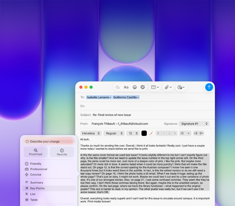 หน้าจอ MacBook Neo, กำลังใช้เครื่องมือการเขียนของ Apple Intelligence ในแอปเมลเพื่อแก้ไขหนึ่งย่อหน้ายาวในอีเมลที่มีความคิดเห็นเกี่ยวกับสิ่งพิมพ์