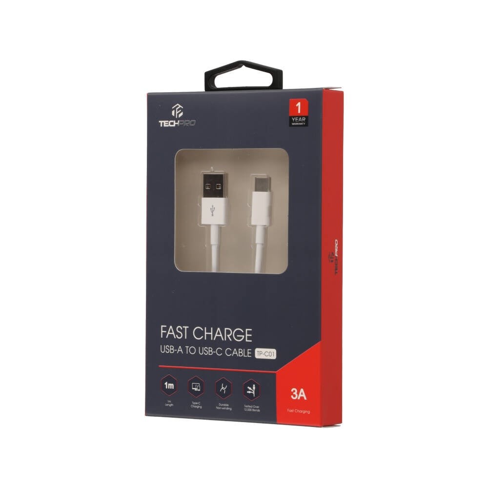 สายชาร์จ TECHPRO USB-A to USB-C 1 เมตร TP-C01 White