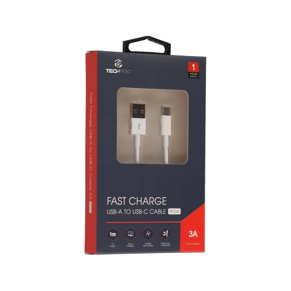 สายชาร์จ TECHPRO USB-A to USB-C 1 เมตร TP-C01 White
