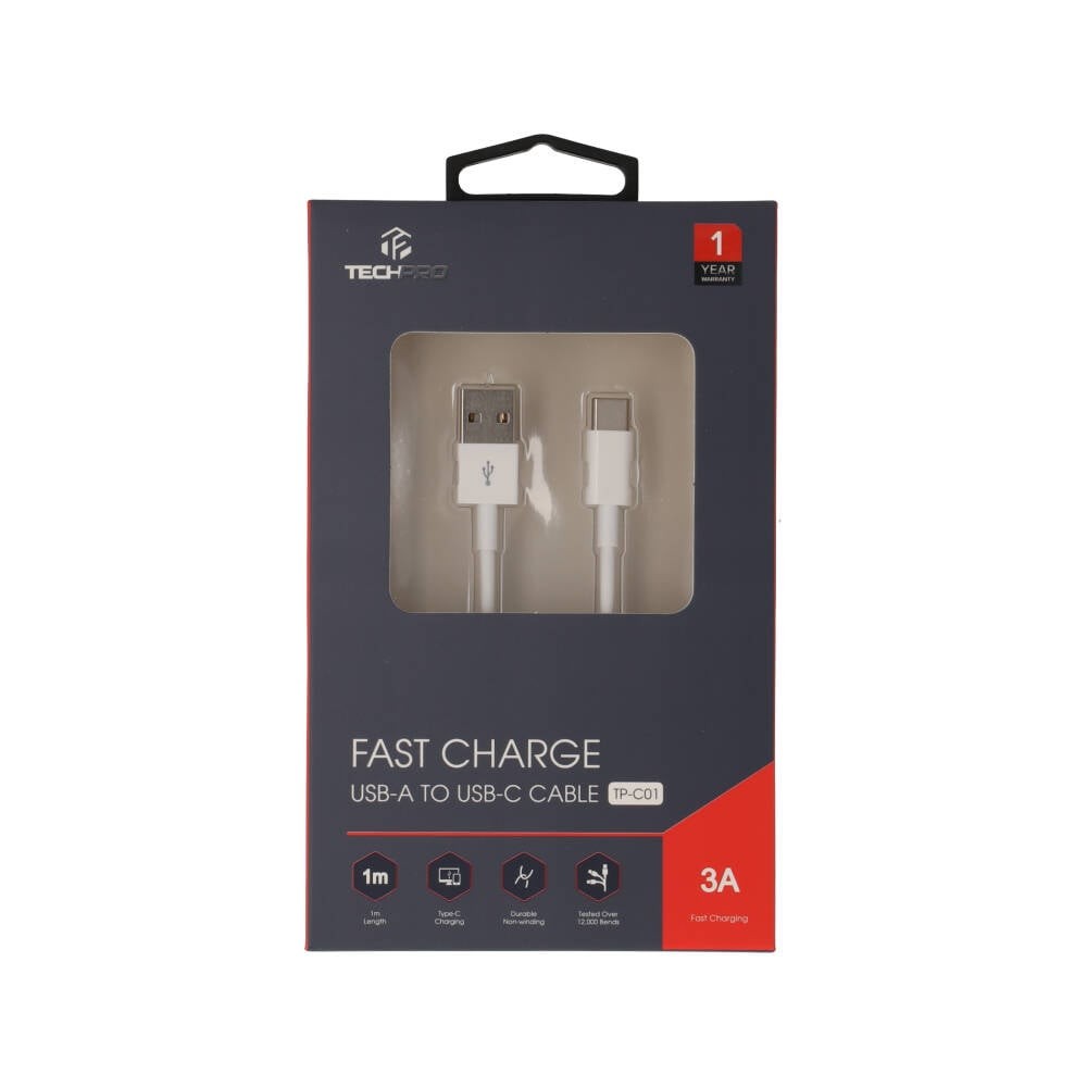 สายชาร์จ TECHPRO USB-A to USB-C 1 เมตร TP-C01 White