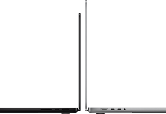 MacBook Pro รุ่น 14 นิ้ว และ 16 นิ้ว หันหลังชนกัน แสดงความแตกต่างของขนาดและเน้นให้เห็นตัวเครื่องที่บาง