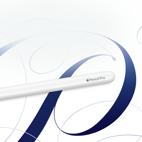Apple Pencil Pro, สีขาว, แสดงอยู่บนพื้นหลังสีขาวที่มีลายหมุนวนสีฟ้า