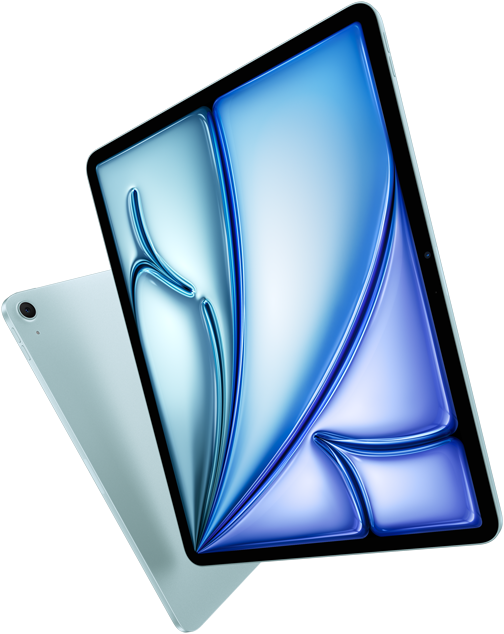 มุมมองด้านหน้าของ iPad Air รุ่น 13 นิ้ว, หน้าจอแสดงสีสันสวยงาม, ภายนอกด้านหลังของ iPad Air รุ่น 11 นิ้ว และกล้องหลังไวด์ 12MP