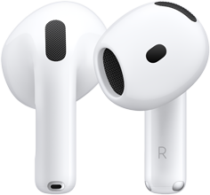 ด้านหลังของ AirPod ข้างซ้าย, ด้านหน้าของ AirPod ข้างขวา ที่ก้านหูฟัง AirPod มีตัวอักษร R แสดงให้เห็นว่าใช้ใส่กับหูข้างขวา