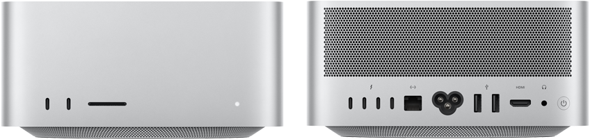 Mac Studio, ด้านหน้า, USB-C จำนวน 2 พอร์ต, ช่องเสียบการ์ด SDXC, ไฟแสดงสถานะ, ฐานทรงสอบที่ด้านล่าง, ด้านบนแบนเรียบ, ด้านข้างโค้งมน, ขอบเรียบตรง, สีเงิน