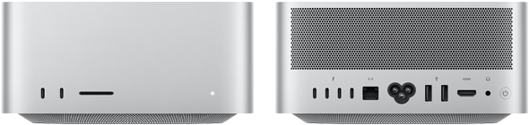 Mac Studio, ด้านหน้า, USB-C จำนวน 2 พอร์ต, ช่องเสียบการ์ด SDXC, ไฟแสดงสถานะ, ฐานทรงสอบที่ด้านล่าง, ด้านบนแบนเรียบ, ด้านข้างโค้งมน, ขอบเรียบตรง, สีเงิน