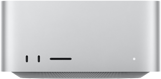 Mac Studio, ด้านหน้า, USB-C จำนวน 2 พอร์ต, ช่องเสียบการ์ด SDXC, ไฟแสดงสถานะ, ฐานทรงสอบที่ด้านล่าง, ด้านบนแบนเรียบ, ด้านข้างโค้งมน, ขอบเรียบตรง, สีเงิน