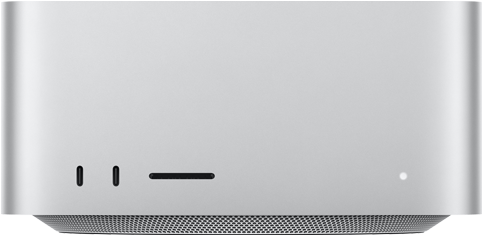 Mac Studio, ด้านหน้า, USB-C จำนวน 2 พอร์ต, ช่องเสียบการ์ด SDXC, ไฟแสดงสถานะ, ฐานทรงสอบที่ด้านล่าง, ด้านบนแบนเรียบ, ด้านข้างโค้งมน, ขอบเรียบตรง, สีเงิน