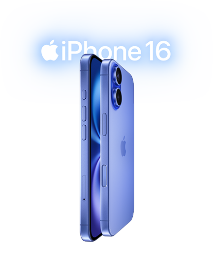 iPhone 16 สองเครื่อง, ตัวเครื่องภายนอกด้านข้าง, วางซ้อนแบบหันหน้าเข้าหากันในสีน้ำเงินอัลตร้ามารีน, ปุ่มปรับระดับเสียง, ปุ่มแอ็คชั่น, ปุ่มด้านข้าง, ปุ่มตัวควบคุมกล้อง, โลโก้ Apple ตรงกลาง, ระบบกล้องคู่สุดล้ำที่ยกสูงขึ้น