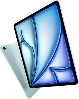 มุมมองด้านหน้าของ iPad Air รุ่น 13 นิ้ว, หน้าจอแสดงสีสันสวยงาม, ภายนอกด้านหลังของ iPad Air รุ่น 11 นิ้ว และกล้องหลังไวด์ 12MP