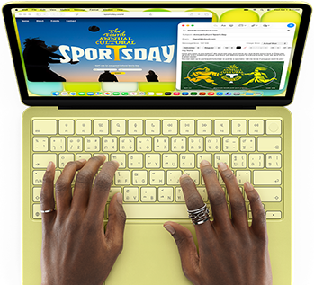 MacBook Neo, สีซิตรัส, มือวางบนคีย์บอร์ด, ผู้ใช้กำลังเขียนอีเมลเชิญเข้าร่วมกิจกรรมกีฬา, เว็บไซต์ของกิจกรรมเปิดอยู่ข้างๆ