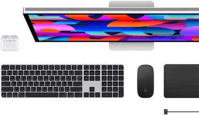 อุปกรณ์เสริมของ Mac ได้แก่ AirPods, Studio Display, Magic Keyboard, Magic Mouse, Magic Trackpad, สายชาร์จ MagSafe