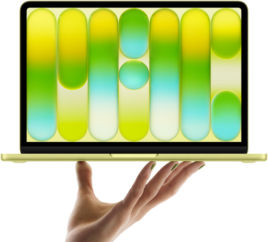 MacBook Neo สีซิตรัส, วางอยู่บนปลายนิ้วของมือที่แบออก, หน้าจอแสดงลวดลายแอ็บสแตรกต์สีสันสวยงาม