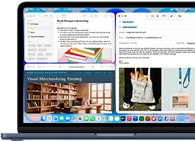 MacBook Neo, สีอินดิโก, หน้าจอแสดงการเขียนอีเมลต้อนรับพนักงานใหม่ของร้านหนังสือ, หน้าต่างอื่นๆ ที่เรียงต่อกันประกอบด้วยเอกสารโน้ตเกี่ยวกับการออนบอร์ดและเว็บไซต์พอร์ทัลพนักงานของร้านหนังสือใน Safari