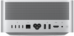 ด้านหลังของ Mac Studio, สีดำ, มีรูระบายอากาศอะลูมิเนียม, Thunderbolt 5 จำนวน 4 พอร์ต, อีเทอร์เน็ตจำนวน 1 พอร์ต, ช่องต่อปลั๊กไฟจำนวน 1 ช่อง, USB-A จำนวน 2 ช่อง, HDMI จำนวน 1 ช่อง, ช่องต่อหูฟังจำนวน 1 ช่อง และปุ่มเปิดปิด