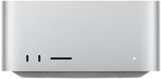 Mac Studio, ด้านหน้า, USB-C จำนวน 2 พอร์ต, ช่องเสียบการ์ด SDXC, ไฟแสดงสถานะ, ฐานทรงสอบที่ด้านล่าง, ด้านบนแบนเรียบ, ด้านข้างโค้งมน, ขอบเรียบตรง, สีเงิน