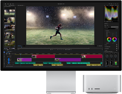 Studio Display XDR พร้อมฐานตั้งในตัว, Mac Studio วางอยู่ใต้หน้าจออย่างพอดี, เวิร์กโฟลว์เครื่องมือตัดต่อวิดีโอและการปรับแก้สี