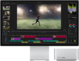 Studio Display XDR พร้อมฐานตั้งในตัว, Mac Studio วางอยู่ใต้หน้าจออย่างพอดี, เวิร์กโฟลว์เครื่องมือตัดต่อวิดีโอและการปรับแก้สี