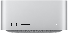 Mac Studio, ด้านหน้า, USB-C จำนวน 2 พอร์ต, ช่องเสียบการ์ด SDXC, ไฟแสดงสถานะ, ฐานทรงสอบที่ด้านล่าง, ด้านบนแบนเรียบ, ด้านข้างโค้งมน, ขอบเรียบตรง, สีเงิน
