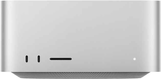 Mac Studio, ด้านหน้า, USB-C จำนวน 2 พอร์ต, ช่องเสียบการ์ด SDXC, ไฟแสดงสถานะ, ฐานทรงสอบที่ด้านล่าง, ด้านบนแบนเรียบ, ด้านข้างโค้งมน, ขอบเรียบตรง, สีเงิน