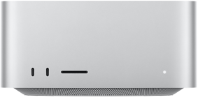 Mac Studio, ด้านหน้า, USB-C จำนวน 2 พอร์ต, ช่องเสียบการ์ด SDXC, ไฟแสดงสถานะ, ฐานทรงสอบที่ด้านล่าง, ด้านบนแบนเรียบ, ด้านข้างโค้งมน, ขอบเรียบตรง, สีเงิน