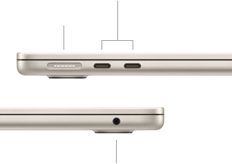 MacBook Air, พับปิดอยู่, ด้านซ้าย, แสดงพอร์ต MagSafe และพอร์ต Thunderbolt จำนวน 2 พอร์ต, ด้านขวา, แสดงช่องต่อหูฟัง