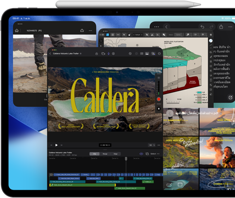 ตัวเครื่องภายนอกด้านหน้าของ iPad Pro, วางในแนวนอน, สีดำสเปซแบล็ค, Apple Pencil วางอยู่ด้านบนอุปกรณ์, จอภาพแสดงหน้าต่างของหลายแอปหลายที่เรียงต่อกัน รวมถึง Final Cut Pro ที่มีคุณสมบัติในการตัดต่อวิดีโอและหลายไทม์ไลน์เปิดอยู่, แผนที่, โน้ต และคลิปสื่อหลายคลิป
