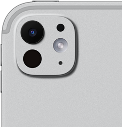 ตัวเครื่องภายนอกด้านหลังของ iPad Pro สีเงิน แสดงระบบกล้องระดับโปรที่ประกอบด้วยเลนส์ 5 ชิ้น และแฟลช True Tone ที่ปรับตามสภาวะ